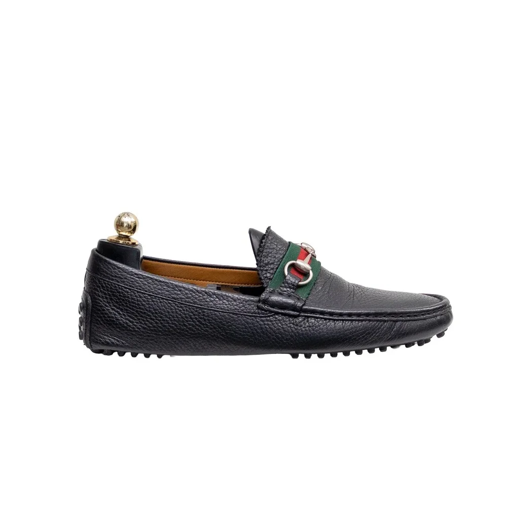 Gucci Mens Black Pebble Leather Horsebit Web Driving Loafers UK 8G US 9G w/ Box